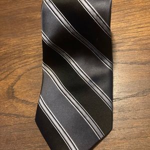 Bugatti 100% silk tie. Black and gray stripes.